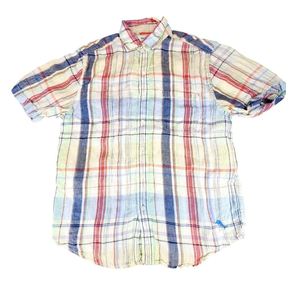 Tommy Bahama Linen Button Up Shirt sz S Mens Short Sleeve Plaid‎ Red White Blue